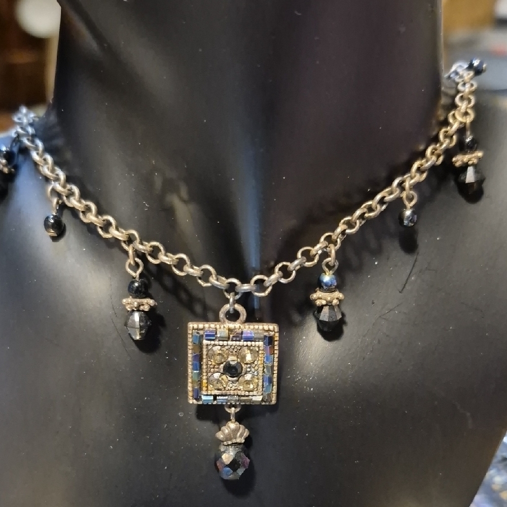 Premier Designs Black and Silver Square Pendant Necklace